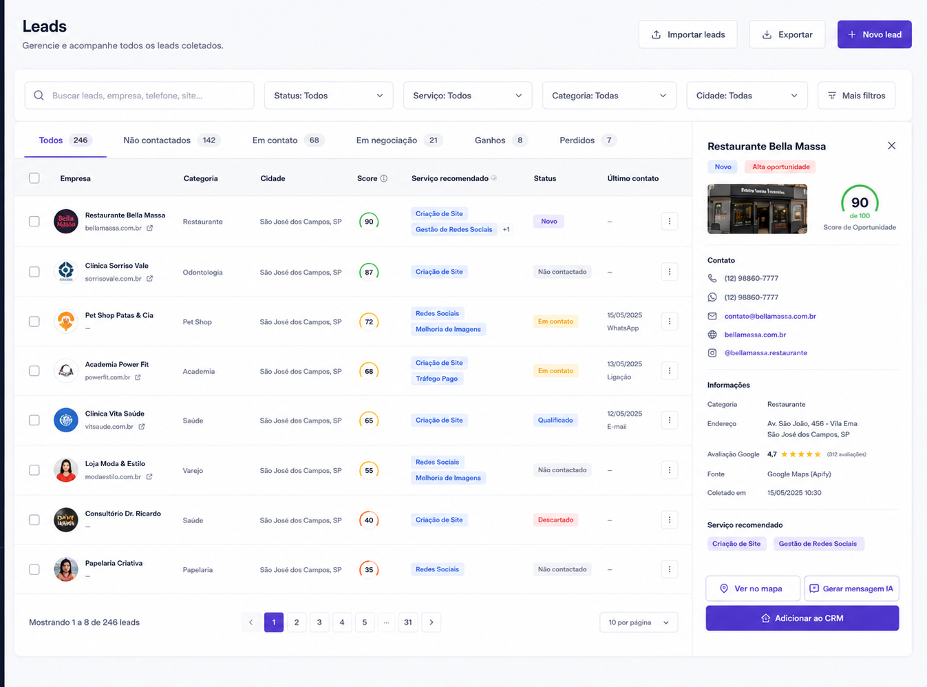 Tela de leads com ranking, score de oportunidade e painel de detalhes do lead